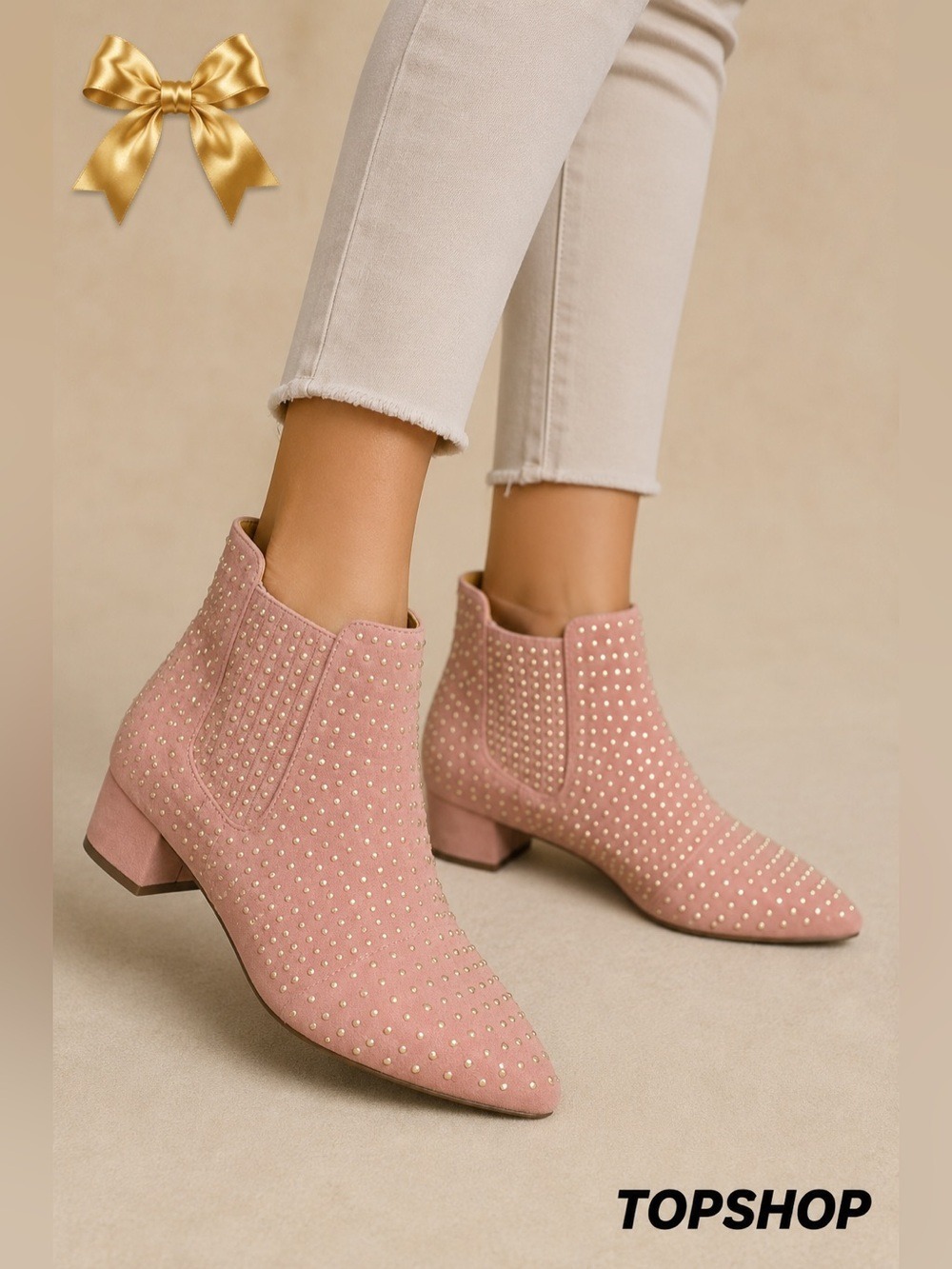 Top Shop Pink Studded Ankle Boots Pointed Toe Low Block Heel (Size 37 / US 7)